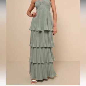 LULUS Seriously Sensational Sage Brush Strapless Tiered Maxi Dress